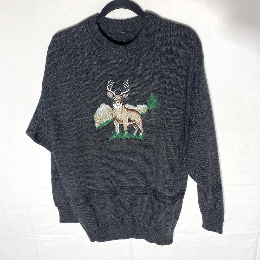 Vintage Grey Crew Neck Sweater With Embroidered Deer S Dadcore Gorpcore